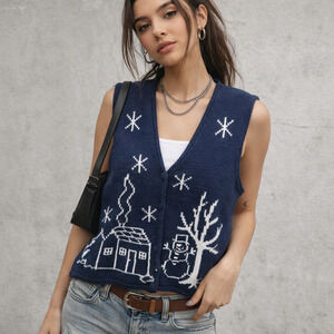 VTG Timberlea Snow Winter Grannycore Cottagecore Knit Sweater Vest Navy SZ M